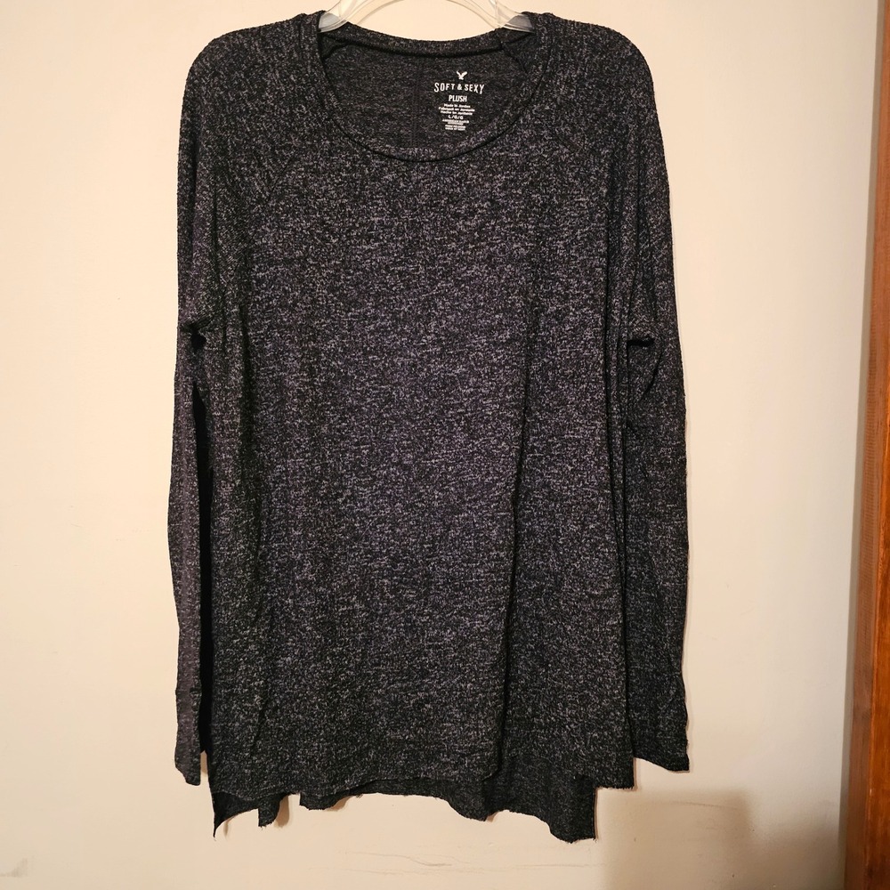 American Eagle Soft & Sexy Plush Gray Marl Raglan Long Sleeve Top Large L